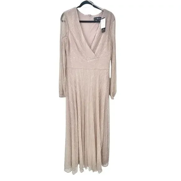 Betsy & Adam Champagne Metallic Long Sleeve Gown Size 16 NWT
